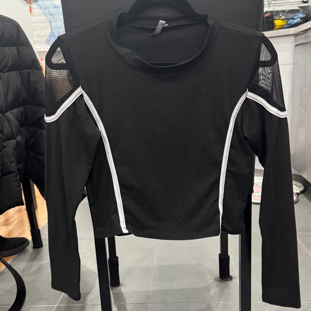 Long-Sleeve Black Cold-Shoulder Top with White Trim